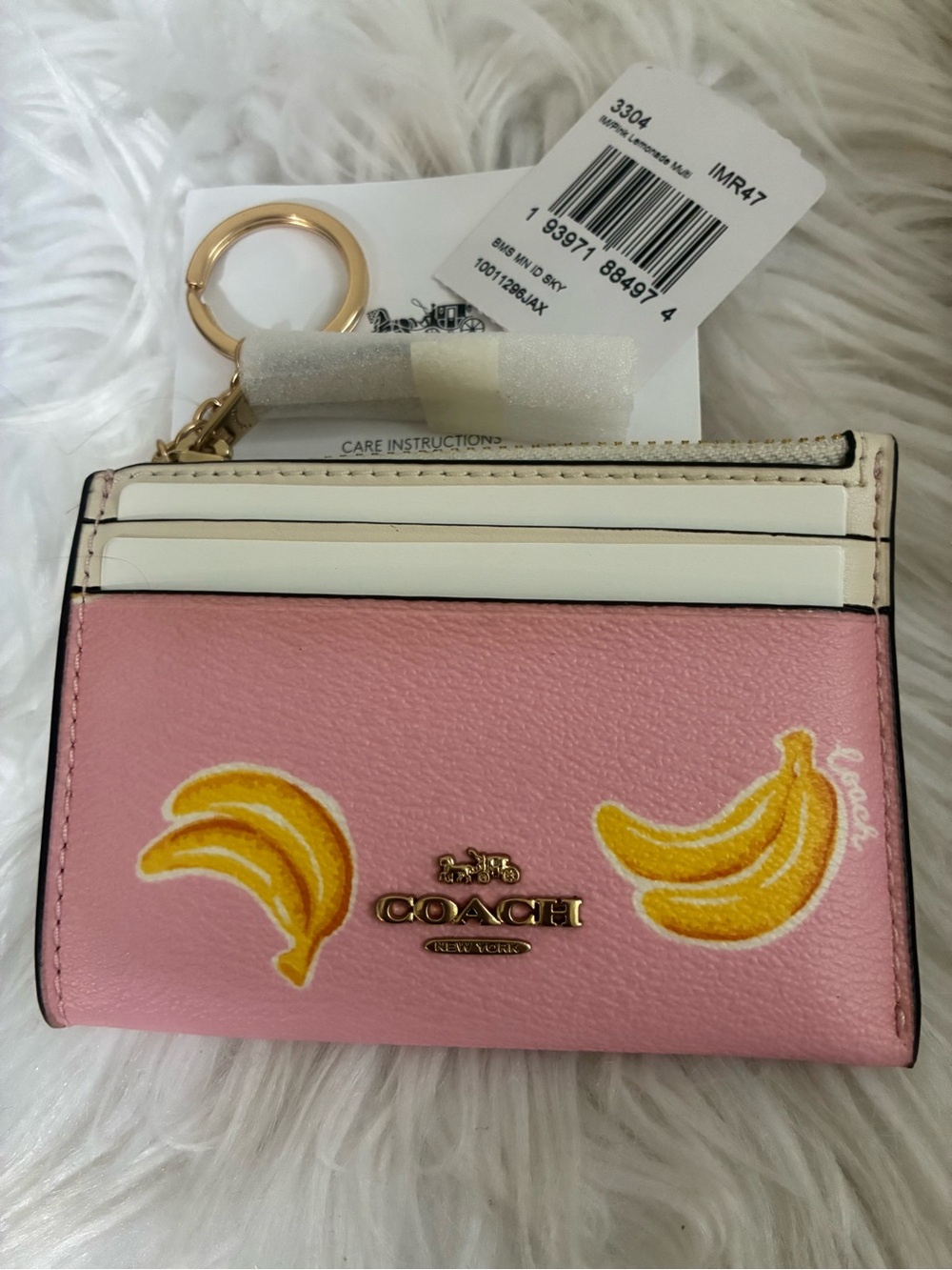 Coach Mini Skinny ID Card Case Bag Charm With Banana Print In Pink Lemonade NWT